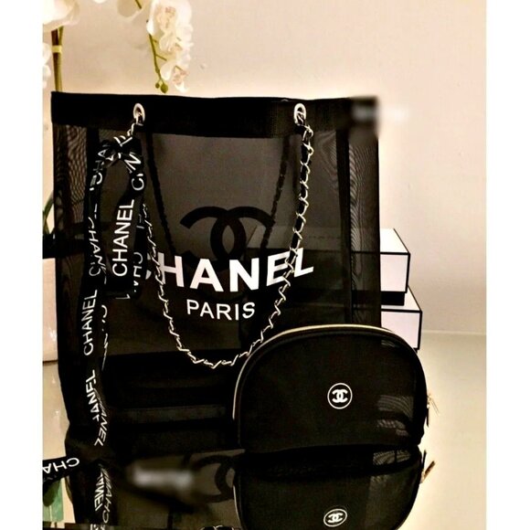 Chanel CC Black VIP Mesh Tote Bag and Cosmetic pouch Set With Chain + Bonus - Picture 1 of 4